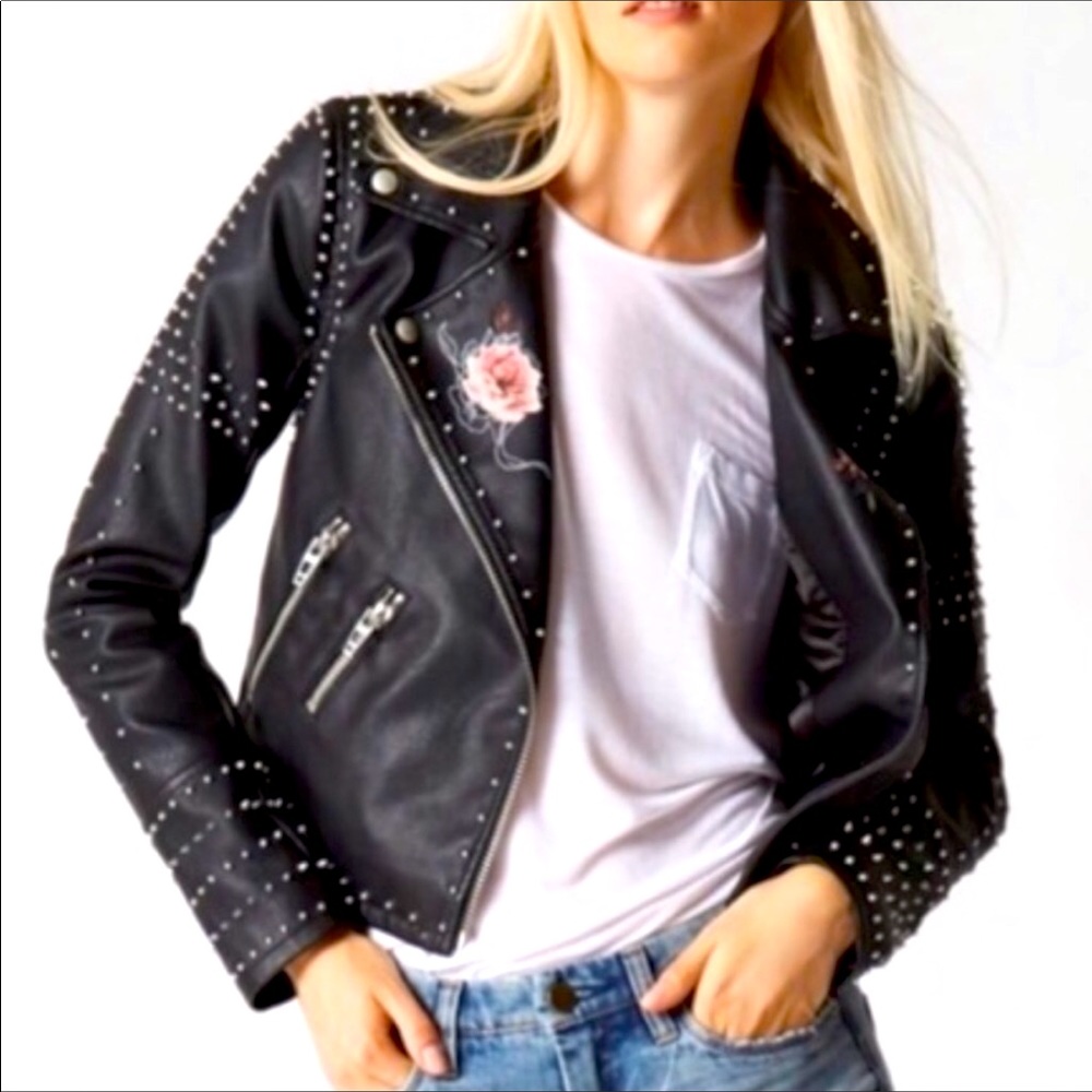 Blank NYC Black Stud Floral Vegan Leather Moto SzS